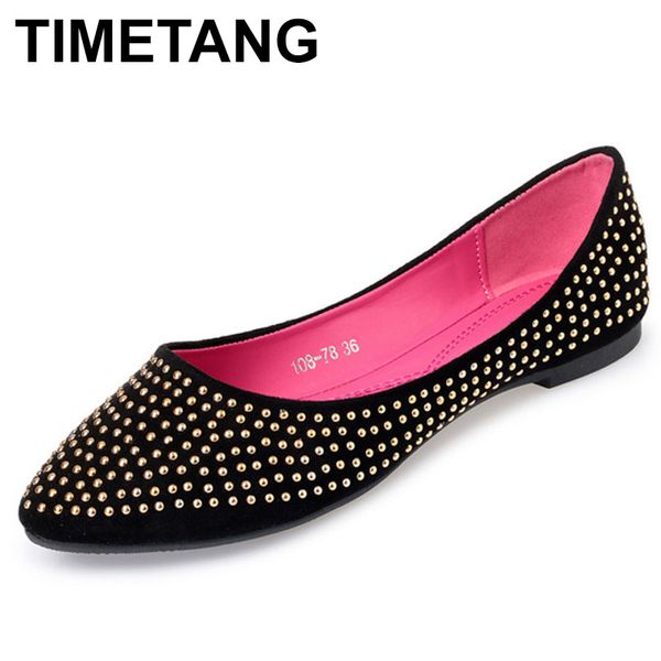 

timetang new lady soft sole flats shoes for drive pregnant woman fashion shoes women spring summer pointed toe rivet, Black
