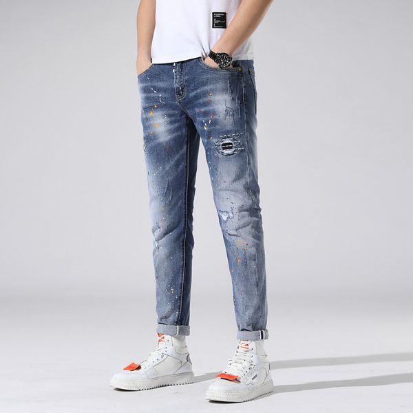 

мужские джинсы высокая имитация дырки патч мужские изношенные приливные мужские брюки стрейч маленькая прямая трубка, Blue