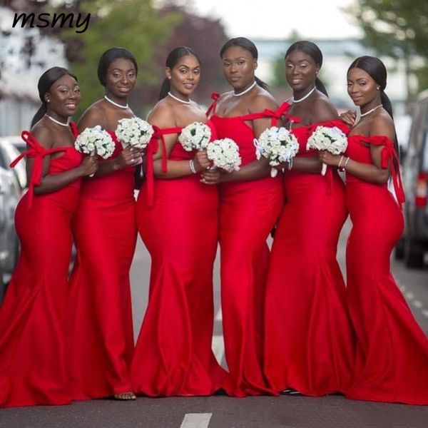 

classy red mermaid country bridesmaid dresses off the shoulder maid of honor gowns floor length satin wedding guest dress, White;pink