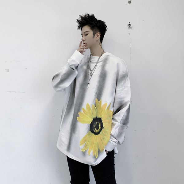 

contrast color casual hoodie men's fashion flower print o-neck sweatshirt man streetwear wild loose hip hop hoodies mens hoody, Black