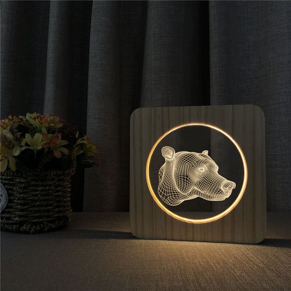 

bear head wild animal abstract 3d led arylic wooden night lamp table light switch control carving lamp for children's gift