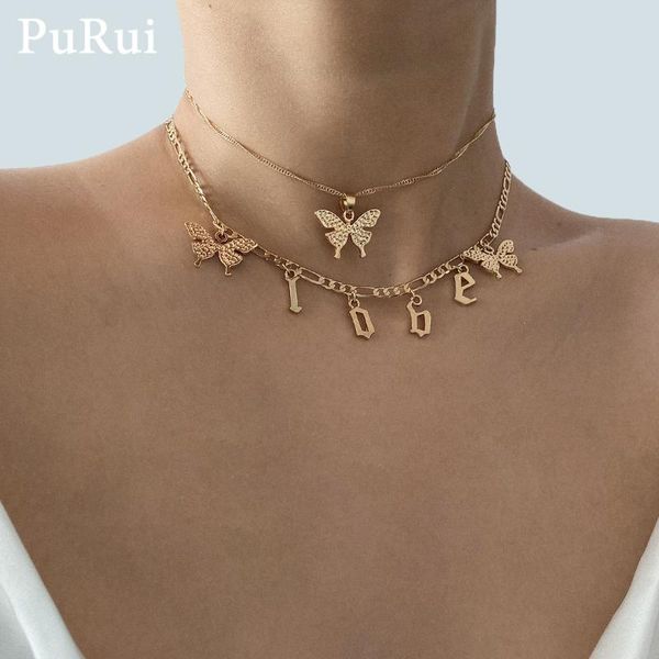 

purui goth butterfly necklace for women 2pcs/set bohemian letter pendant cuban link chain choker necklace fashion collar jewelry, Silver