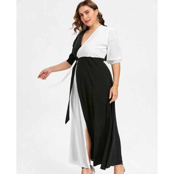 

black and white plus size prom dresses a line v neck side split evening gown ankle length chiffon half sleeves formal dress