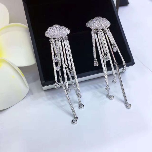 

fashion-925 sterling silver white crystal zircon long tassel earrings for women fashion cloud dangle drop earrings statement jewelry