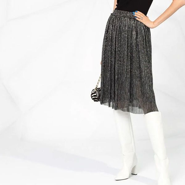 

early autumn women's midi skirt elastic waist bright pleated skirt fashion long skirts ladies casual clothing, Black