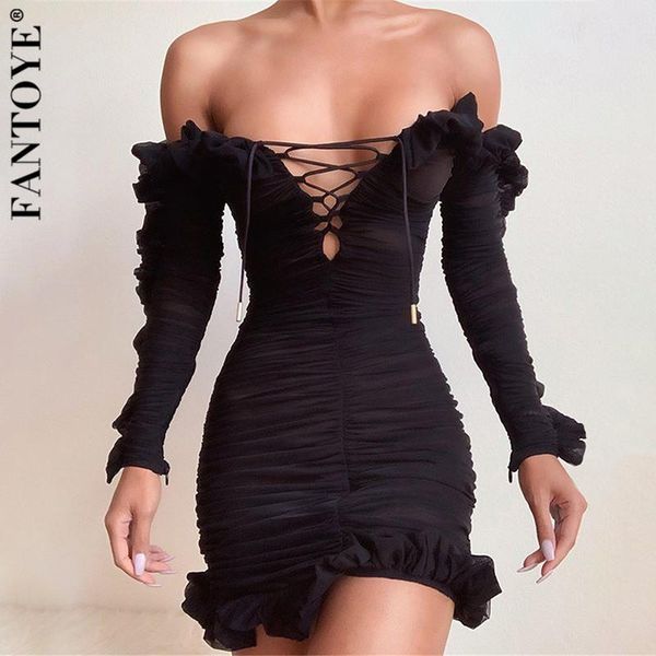 

fantoye женщины сборки see through платье sexy off-плечи бинты bodycon платье дамы без бретелек тощий партии платья vestidos, Black;gray