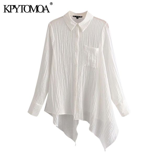 

kpytomoa women 2020 fashion asymmetric texture blouses vintage lapel collar long sleeve pockets female shirts blusas chic, White