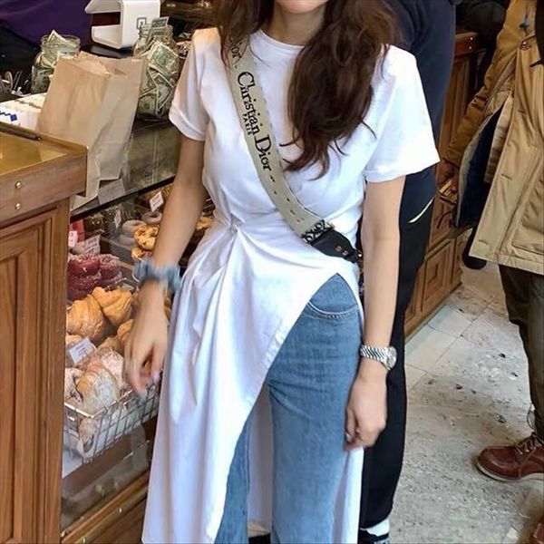 

2019 xiaodong gate ins solid color single side split buckle dress short-sleeved t-shirt women's medium and long t-shirt long skirt styl, White