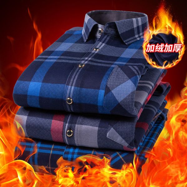 

winter keep warm shirt man long sleeve increase down thickening lattice shirt business casual plaid velvet warm dress shirts, White;black