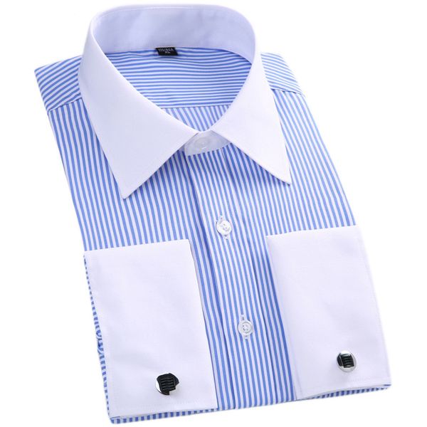 

men french cufflinks shirt stripe solid brand formal men's shirt white collar design male fit slim french cuff plus size6xl 5xl, White;black