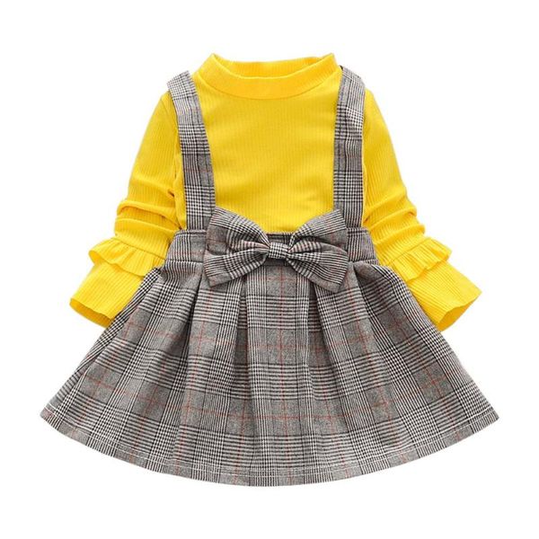 

fake 2pcs plaid o-neck princess dress kid girl autumn comfort soft long sleeves fashion trend cotton warm dresses, Red;yellow