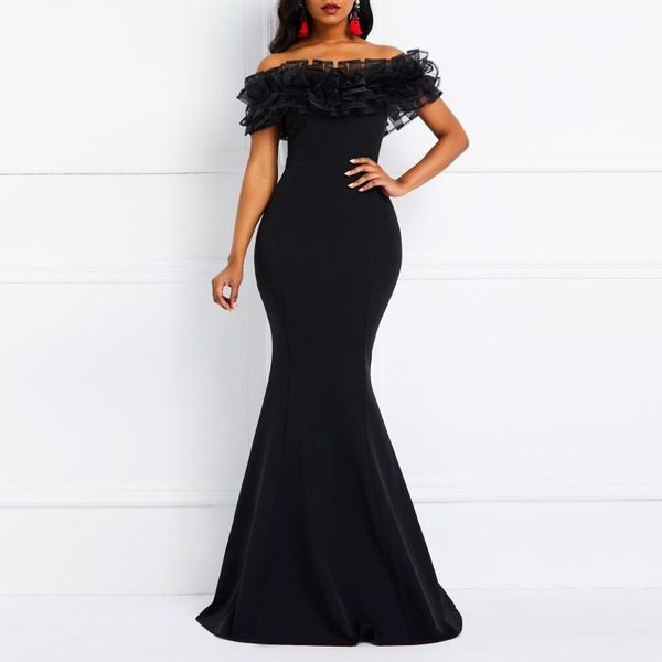 

women 2020 african evening dinner party dress off shoulder ruffles long mermaid elegant ladies bodycon black maxi dresses, White;black