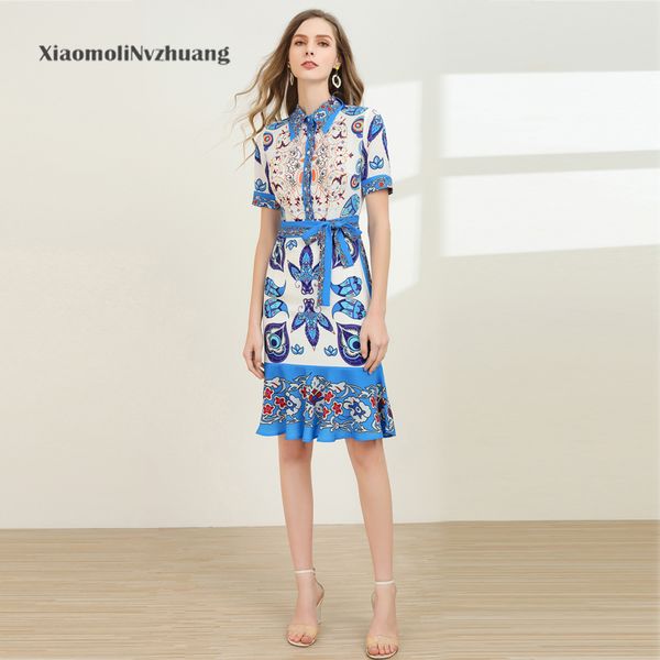

xiaomoli summer fashion retro printing short sleeve mermaid dress, waistband bow classic lapel, 2020 new fashion, Black;gray