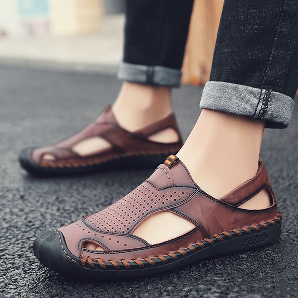 

classic men's sandals summer soft sandals comfortable men shoes genuine leather big size soft outdoor men roman, Black