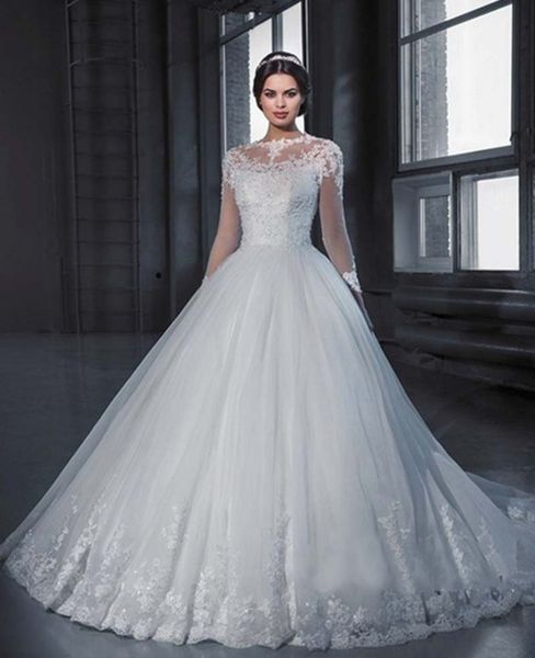 

long sleeves ball gown wedding dress 2019 lace appliques wedding gowns sweep train bride dress, White