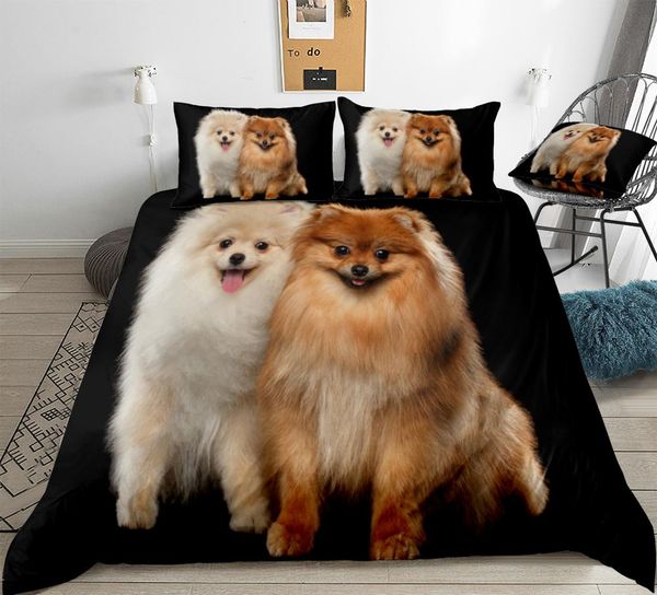 

3d cute white and red pomeranian duvet cover set dog bedding kids boys girls black background pet quilt cover  dropship
