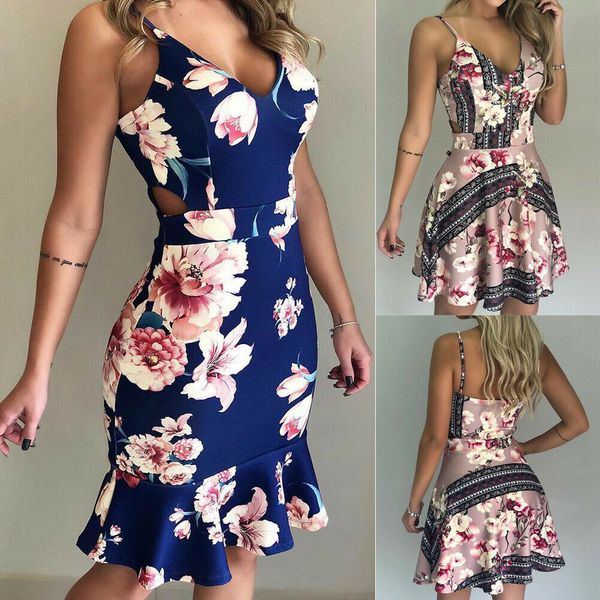 

women's boho floral summer dress party evening beach sleeveless v neck short mini dress sundress, Black;gray