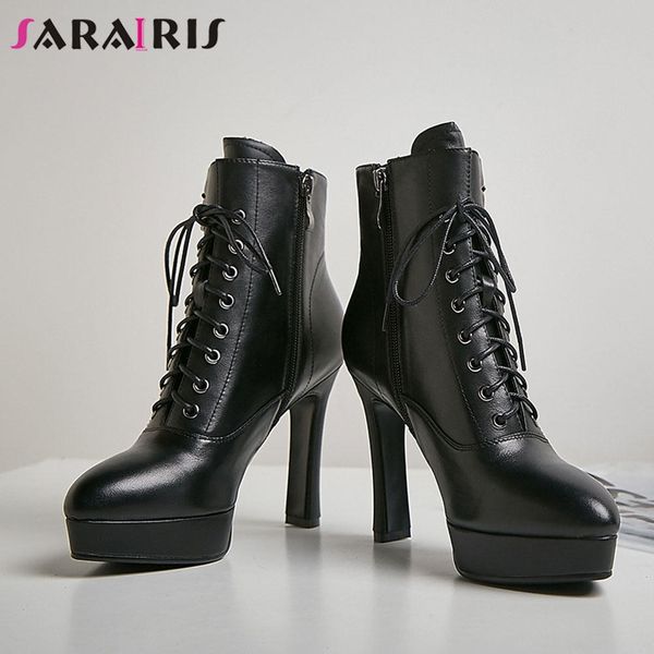 

sarairis classic designer genuine leather high heels pointed toe platform buckle strappy women ankle boots autumn shoes black