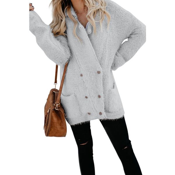 

double breasted warm outwear long sleeve women coat fuzzy thickened with pockets casual solid winter button down fashion knitted, Black