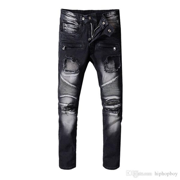 

luxury mens distressed ripped biker jeans slim fit motorcycle biker denim for men designer hip hop mens jeans, Blue
