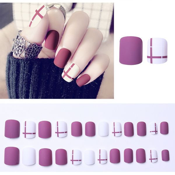 

24pcs/set fake nails lattice grid heart design french multiple colors reusable false nails tips press on nails with glue sticker, Red;gold