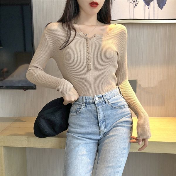 

2020 autumn women's sweater solid pullover women korean style v neck slim casual jumpers knitted pull sweaters invierno mujer, White;black