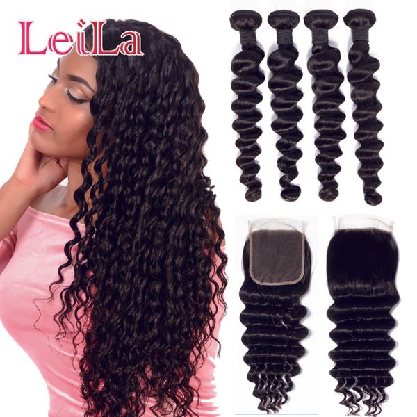 

Leila Peruvian Loose Deep Wave Human Hair Bundles With Closure Brazilian Human Hair Weave 4 Bundles With Closure 4*4 Remy Hair Extension