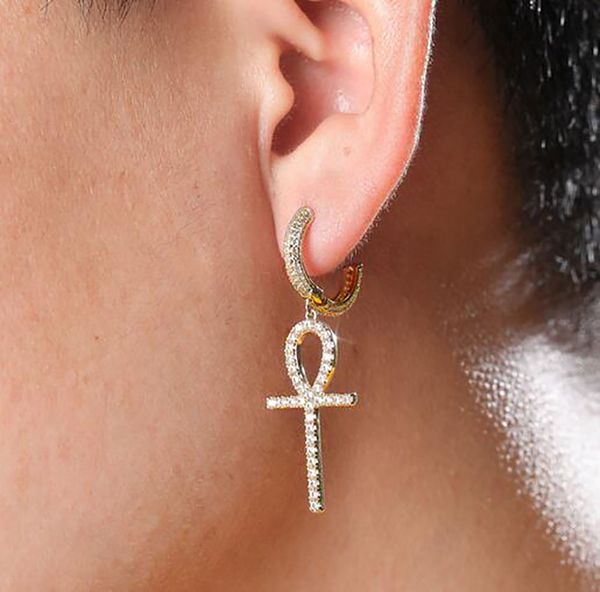 

men women ins ankh egyptian earrings bling cubic zircon key to life egypt cross drop earring fashion jewelry, Golden;silver