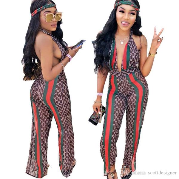 

women summer digital printed jumpsuits deep v-neck backless nightclub wearing fashion female panelled full length apparel, Black;white