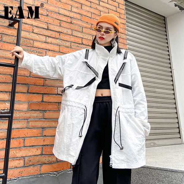 

eam] women white pattern print big size trench new stand collar long sleeve loose fit windbreaker fashion spring 2020 1r477, Tan;black