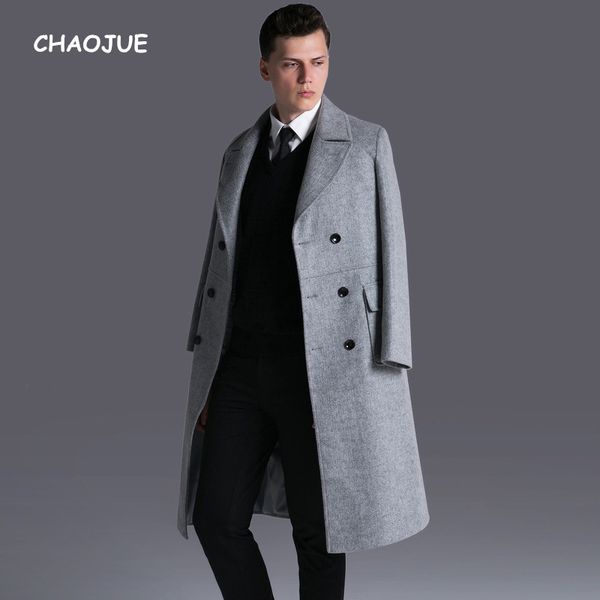 

chaojue brand men's double breasted long wool coat 2018 fall/winter extra long business causal woolen outwear male gray overcoat, Black