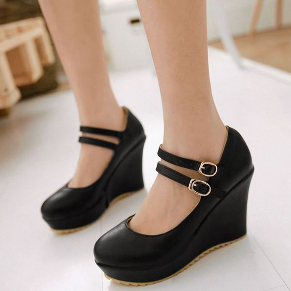 

agodor women wedge high heel mary janes platform double strap spring fashion shoes women pumps ladies party pumps size 34-43, Black