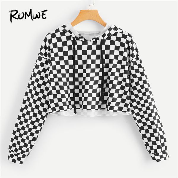 

romwe женщина толстовка толстовка gingham кулиска crop hoodie tee женщины пуловер спортивных костюмы плед топы пружина толстовка, Black