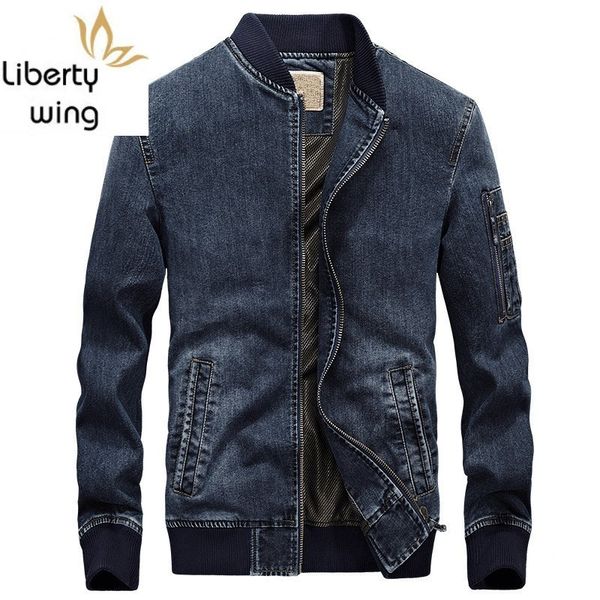 

spring autumn jeans men plus size 4xl stand collar bomber biker jacket fashion long sleeve loose zip denim coats male, Black;brown