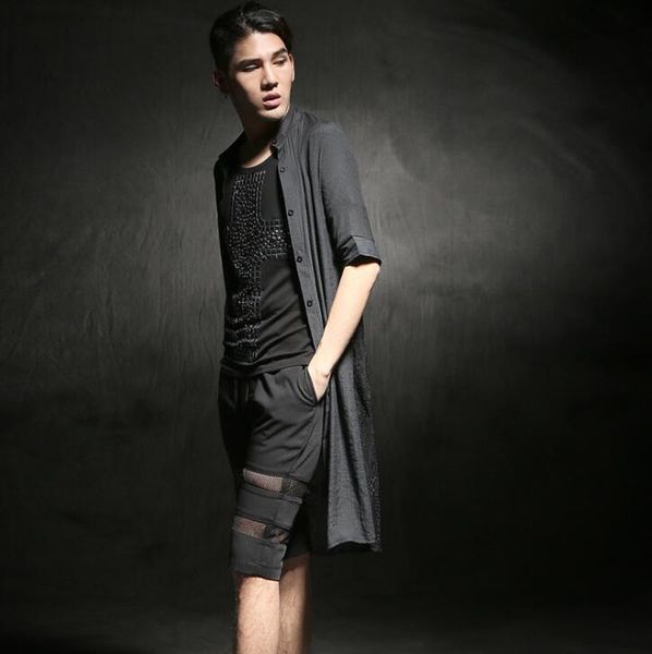 

summer dress sleeve shirt long paragraph cloak shirt cardigan half sleeve perspective linen thin section nightclub men's clothin, Tan;black