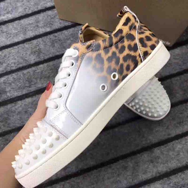 

2019 fashion designer brand white patent leopard flat shoes red bottom shoes for men and women party lovers genuine leather sneakers, Black