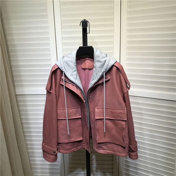 

2020 spring autumn fashion women's hooded pink color genuine leather jackets brand new loose leather coat b637a, Black