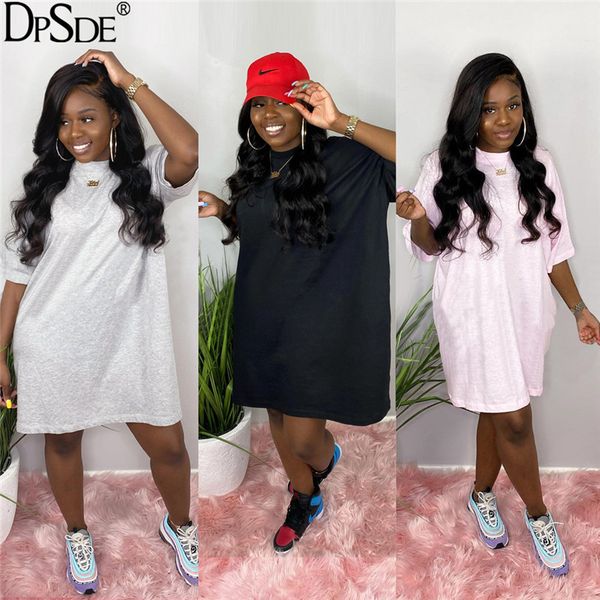

2020 women summer new reduction of age hip hop style short dresses short sleeve round neck pure color knee-length dresses, Black;gray