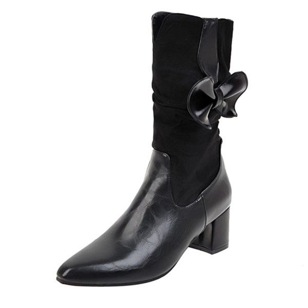 

Women High Heel Boots Shoes Bow Middle Tube Slip-On Boots Pointed Toe Shoes, Black