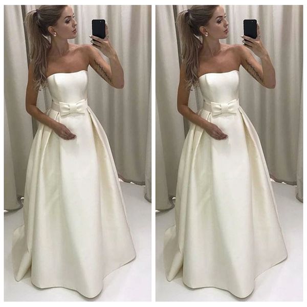 

elegant strapless wedding dresses with bow boho design pure white simple wedding dresses a line satin wedding dresses with sweep train