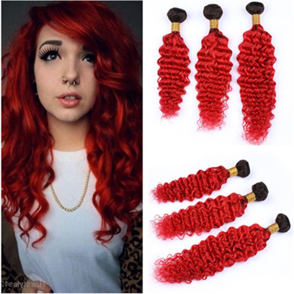 1b Red Ombre Deep Wave Peruvian Human Hair Weaves Dark Root Bright Red Ombre Virgin Human Hair Bundles 10 30 Mixed Length Virgin Human Hair Weave