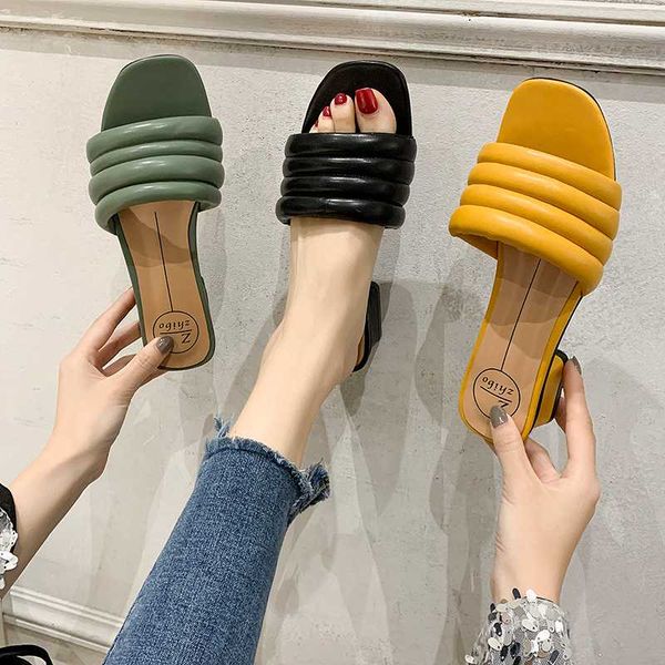 

slippers women summer female shoes square heel luxury slides low 2020 block designer rubber rome pu hoof heels slippers women, Black