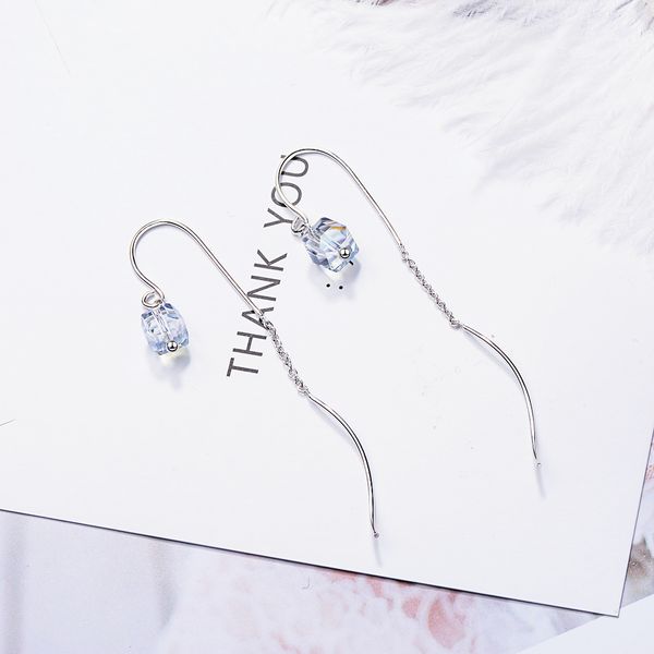 

small squares ear wire women's temperament korean-style artificial crystal design cold wind ins long drop earrings, Silver
