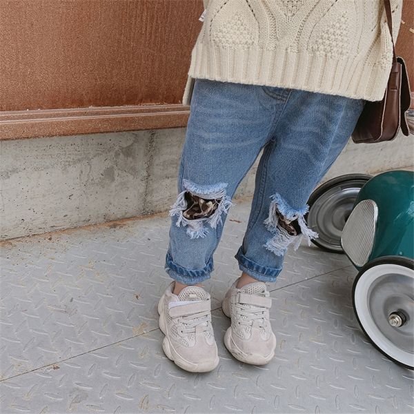 

girls pants leopard-print pierced pants 20 autumn and jeans children's wear jeans clothing children's clothing 3-8 years old, Blue