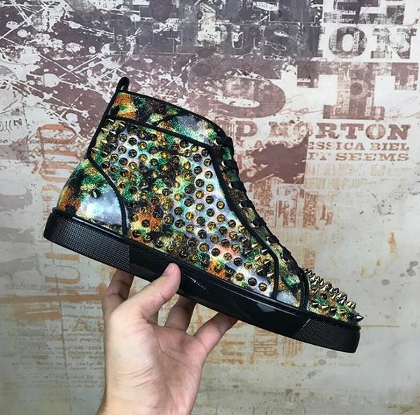 

italy fashion shoes men's sneaker red bottom spiked studded patent leather camo rivets shoes high cut red sole casual trainers, Black