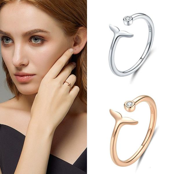 

silver sterling 925 2 color fish tail mermaid open finger rings for women adjustable band size bijoux, Golden;silver