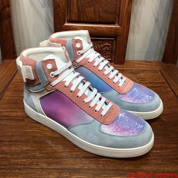 

19fw mens high luxembourg sneaker in iridescent monogram textile flowers fashion designer shoes rainbow printing leather shoes with
