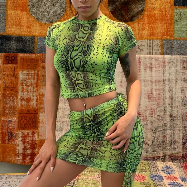 

snakeskin short sleeve tshirt skirt 2 two piece set 2019 summer women fashion club party holiday green streetwear, White