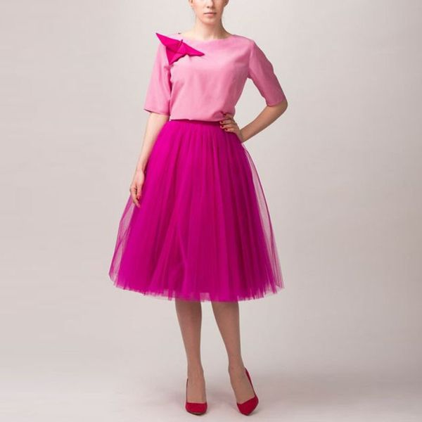 

pink tulle tutu midi skirt 5 layer tulle solid knee length women skirt vintage lolita saia faldas jupe, Black