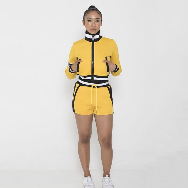 

женский спортивный костюм мода сплошной цвет женский из двух частей люкс письмо печать повседневная марка с длинным рукавом куртки + шорты 3, Gray